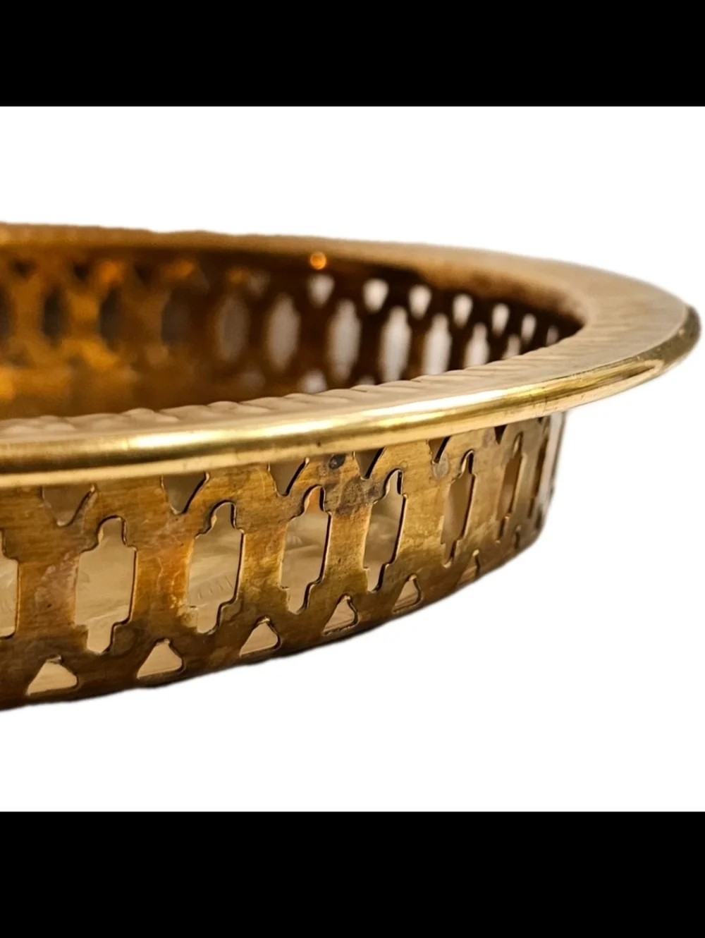 Vintage Brass Reticulated Edge Tray  Etched Engraved Serving  Decorative Tray